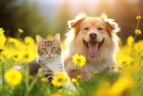 A cute couple of furry friends little cat and a mischievous little dog, are playing together in the garden on a beautiful sunny day, Friendship of pet concept. photo
