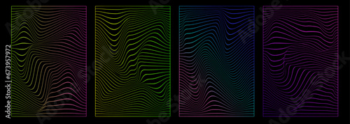 Set of distorted vertical neon grid pattern.  Trendy retro 1980s, 2000s style. Abstract posters. Cyberpunk elements in trendy psychedelic rave style.