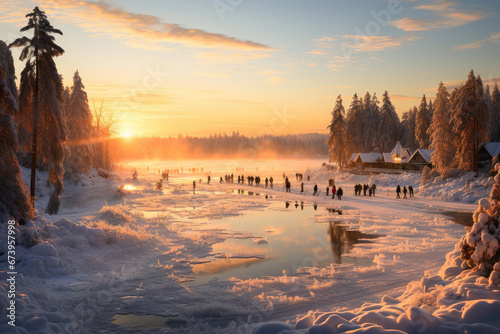 Golden sunlight bathes a serene winter scene where people enjoy ice skating on a frozen lake amid snow-laden trees.