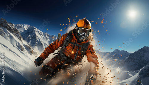 Daring skier in action, carving a snowy mountain under a clear blue sky with radiant sunshine enhancing the dynamic scene.