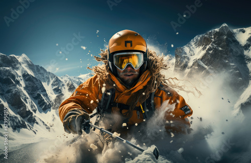 An intense skier in orange bursts through deep powder snow against a dramatic mountain backdrop on a sunlit winter day. © apratim