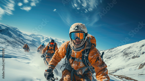 A team of climbers in orange suits bravely ascending a snowy mountain under a clear blue sky, embodying teamwork and endurance.