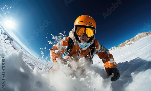 A snowboarder in vibrant orange gear carves through fresh snow with dynamic speed against a clear blue sky on a bright winter day. photo