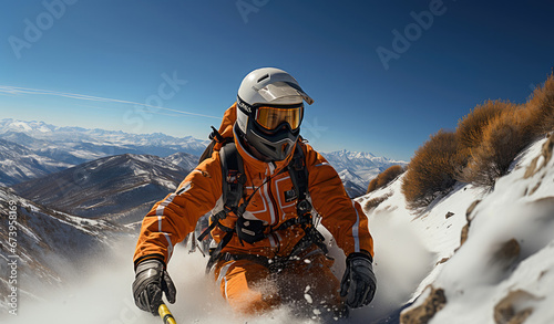 A skier in orange gear carves through fresh snow with ski poles in hand, surrounded by a breathtaking mountainous panorama. photo