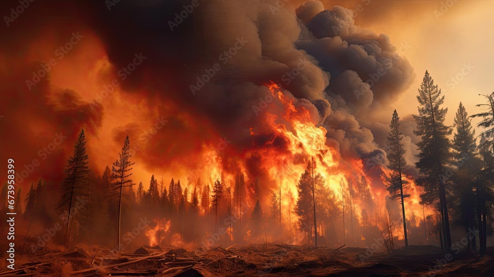 Burning forest, fire and smoke. Human Impact on the Planet's Climate