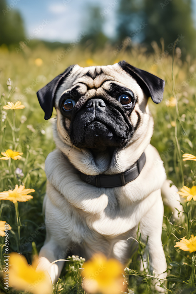 Fototapeta premium Pug lies in a flower meadow on a sunny day