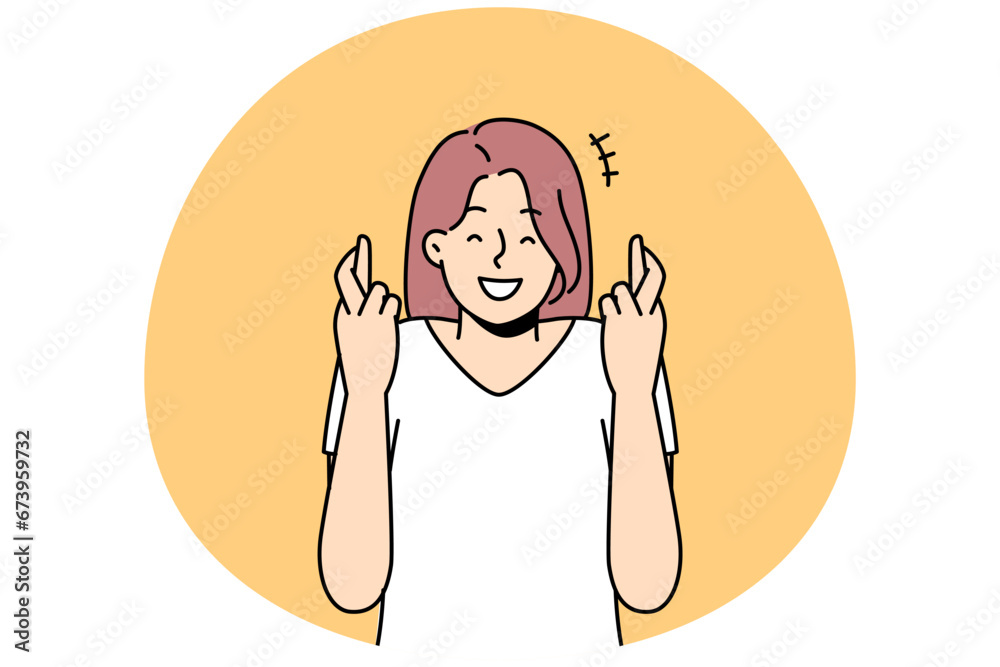 Smiling girl cross fingers make wish. Happy young woman feel hopeful believe in good things, asking for dream come true. Superstition. Vector illustration. Smiling girl cross fingers make wish. Happy young woman feel hopeful believe in good things, asking for dream come true. Superstition. Vector illustration.