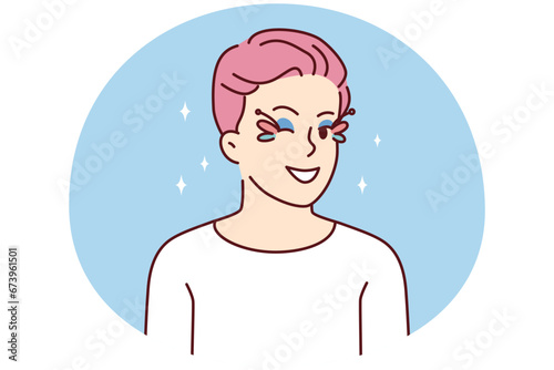 Homosexual man with pink hair and eye makeup wink at camera. Smiling gay guy with face make-up feeling optimistic and joyful. Vector illustration.