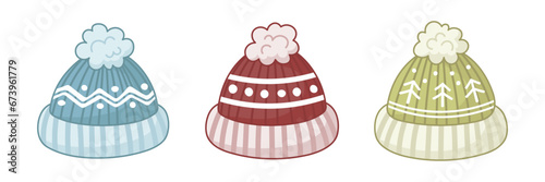 Knitted woolen beanie set. Winter hats. Isolated vector and PNG illustration on transparent background.