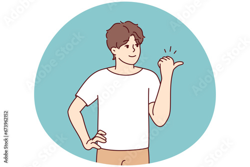 Smiling young man point at empty copy space aside. Happy male show with finger good sale deal or promotion. Recommendation. Vector illustration.