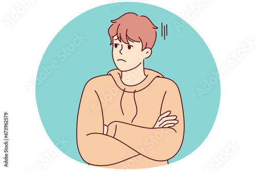 Unhappy young man look aside feeling bored and distressed. Upset millennial guy unsatisfied with news or situation. Stress and loneliness. Vector illustration.