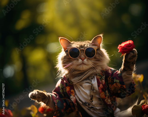 Cat in stylish sunglasses holds a flower while lounging in a sunny garden, showcasing a vibrant and playful atmosphere on a warm day photo