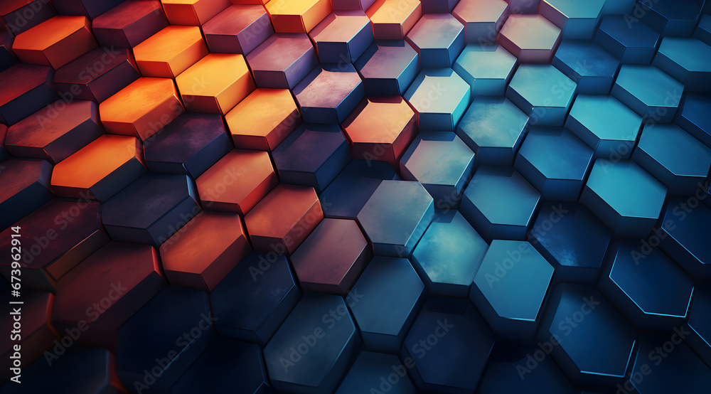 Abstract 3D hexagonal pattern with a glossy texture transitioning from cool blue to warm orange Abstract 3D hexagonal pattern with a glossy texture transitioning from cool blue to warm orange