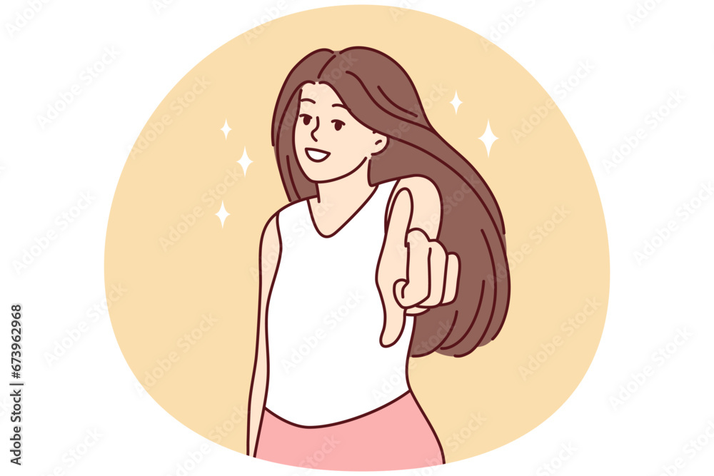 Smiling woman look at camera making hand gesture. Happy female point at screen make choice or decision. Vector illustration. Smiling woman look at camera making hand gesture. Happy female point at screen make choice or decision. Vector illustration.