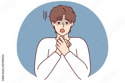 Shocked young man feel surprised and astonished with unbelievable news. Stunned male amazed by unexpected message or information. Vector illustration.