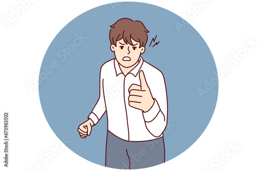 Angry man point at screen accuse or blame someone. Furious guy threaten to person feel outraged and distressed. Vector illustration.