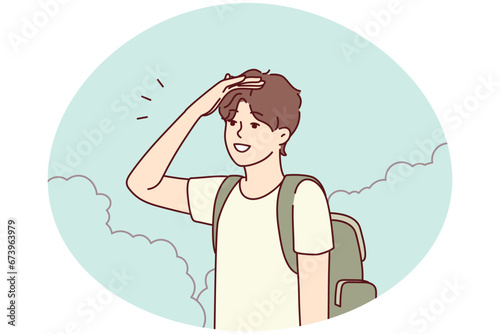 Young man with backpack stand in bushes looking for road. Millennial guy traveler get lost in park searching way out. Travel and navigation. Vector illustration.