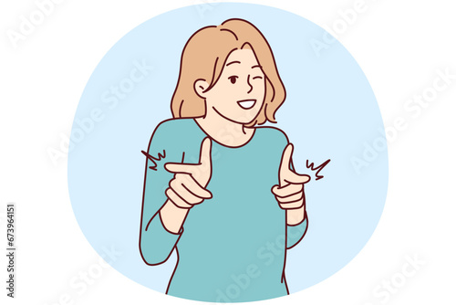 Smiling woman point at screen make choice. Happy female show with fingers at camera make I choose you gesture. Vector illustration.