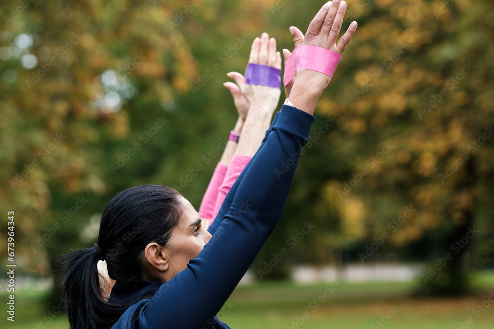 Indian mature woman using resistance band in park. Indian mature woman using resistance band in park.