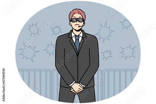 Male security in black suit and sunglasses at concert. Man guard in front of crowd at performance on stage. Vector illustration.