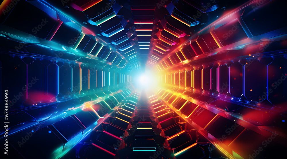 Dynamic abstract 3D tunnel with a futuristic neon glow and vibrant colors conveying motion and energy. - obrazy, fototapety, plakaty 