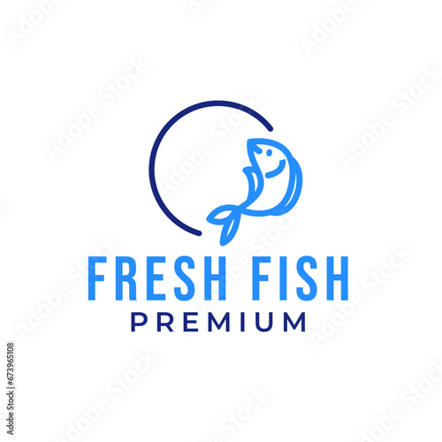 Line Fresh Fish Rounded Logo Design Concept Vector Illustration Symbol Icon