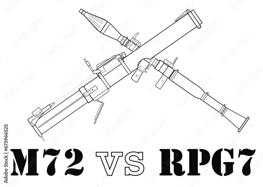 Vector illustration of crossed weapons, soviet anti-tank grenade launcher RPG-7 versus american LAW M72 BAZOOKA with subtitles. Vector illustration of crossed weapons, soviet anti-tank grenade launcher RPG-7 versus american LAW M72 BAZOOKA with subtitles.