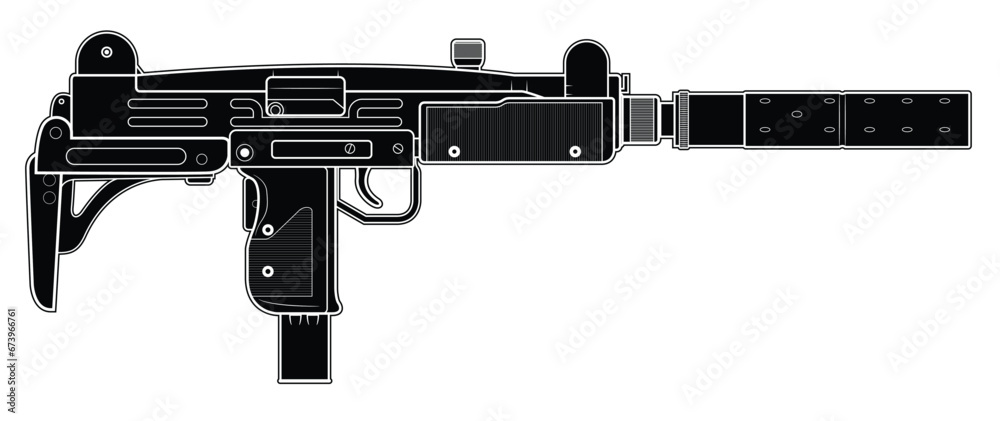 Vector illustration of the UZI israel machine gun with folded stock and silencer on the white background. Black. Right side. Vector illustration of the UZI israel machine gun with folded stock and silencer on the white background. Black. Right side.