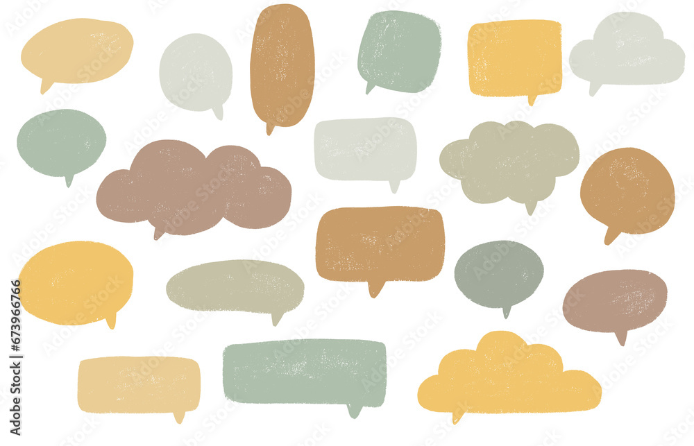 Set of colorful speech bubbles balloons, empty space for text, textured sketch, warm neutral colors, png transparent background Set of colorful speech bubbles balloons, empty space for text, textured sketch, warm neutral colors, png transparent background