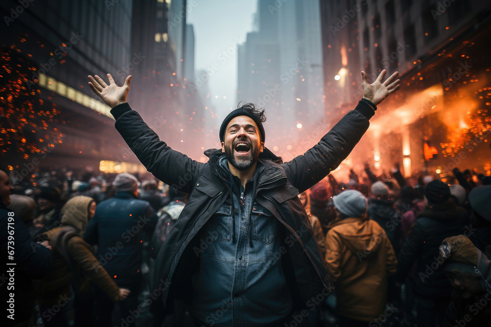A joyous man with arms raised celebrates amidst a festive crowd on a vibrant city street.