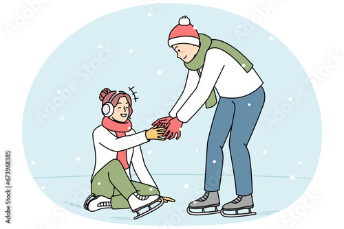 Caring young man help woman fall on ice rink. Happy couple skating on rink during winter holidays. Hobby and entertainment. Vector illustration.