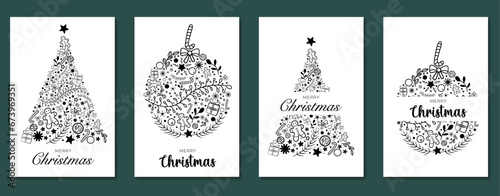 Cartes de noël, style doodle naïf. Boule, sapin, cadeaux, biscuit, étoile, flocon, neige. Fêtes, invitation.