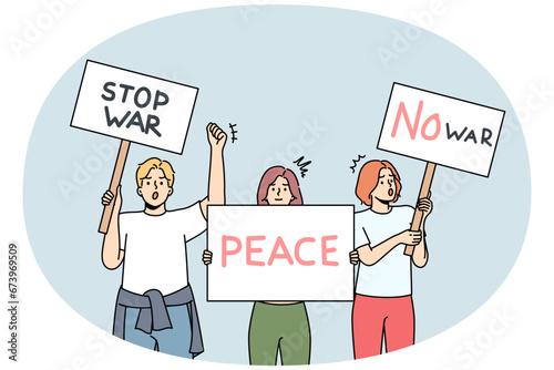 Diverse people with posters protest against war at street demonstration. Decisive activists with placards stand for peace. Anti-war picket or march. Vector illustration.