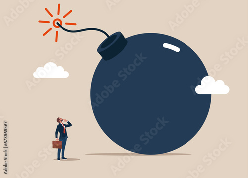 Tiny entrepreneur thinking with big incident with bomb. Solving problem, financial crisis forecast, difficult decision making. Flat vector illustration