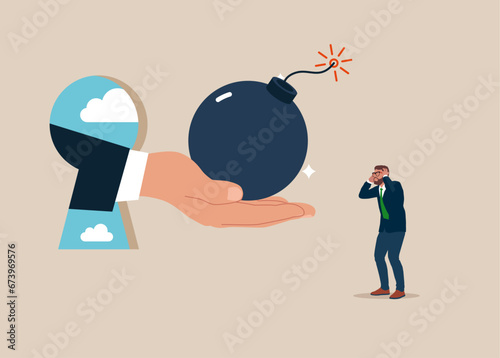 Hand holding bomb with burning. Stress and stressful situation. Vector illustration
