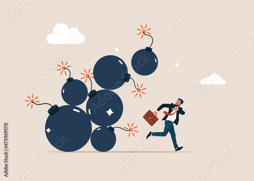 Frustrated businessman run away from collapsing stack of bombs. Problem, dangerous situation. Flat vector illustration