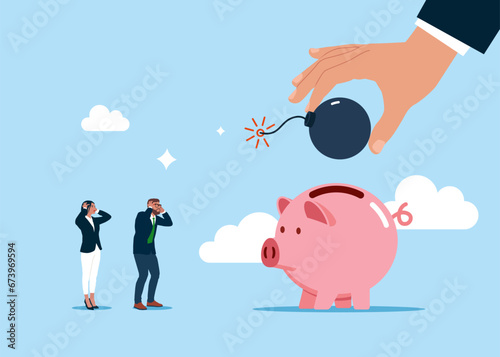 Big hand putting bomb a piggy bank. Business people in stock market panic, financial crisis forecast. Modern vector illustration in flat style
