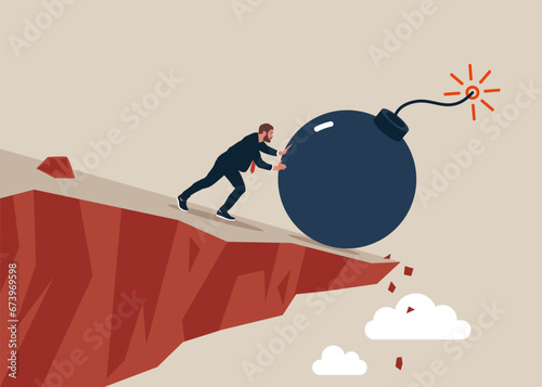 Bomb reset down the cliff. Problem solution. Modern vector illustration in flat style