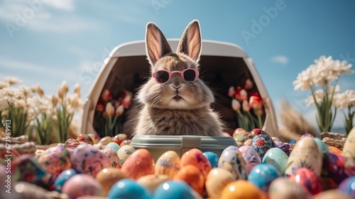 Cute Easter Bunny with sunglasses and easter eggs. Generative Ai.