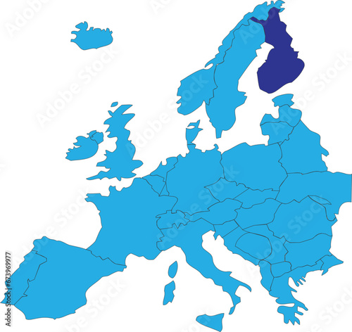 Dark blue CMYK national map of FINLAND inside simplified blue blank political map of European continent on transparent background using Peters projection