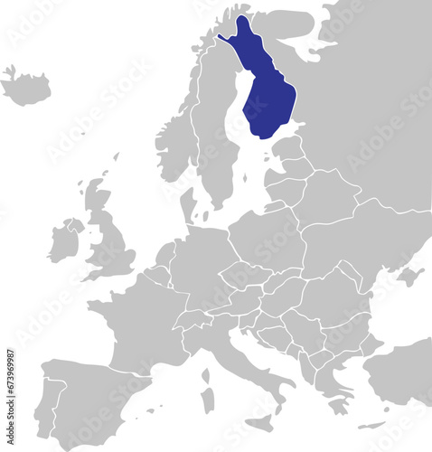 Blue CMYK national map of FINLAND inside simplified gray blank political map of European continent on transparent background using Mercator projection