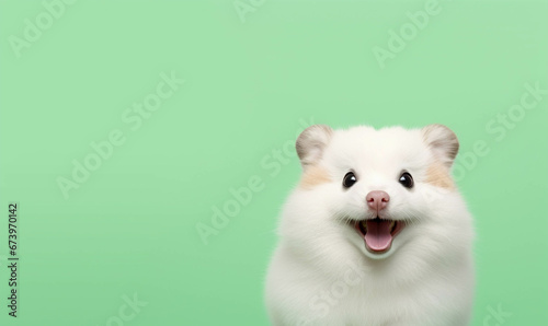 Portrait of a hamster , Closeup portrait of funny, cute, happy hamster, looking at the camera with mouth open isolated on colored background. Copy space.  photo
