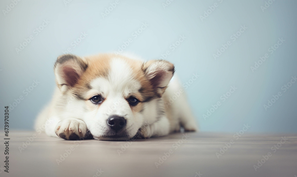  Portrait of a puppy dog , Closeup portrait of funny, cute, happy dog, looking at the camera with mouth open isolated on colored background. Copy space. 