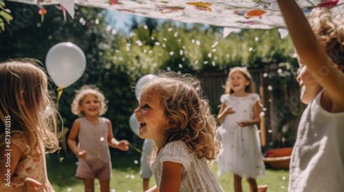 Kids from different backgrounds enjoy a sunny birthday in the garden, laughing and playing together.