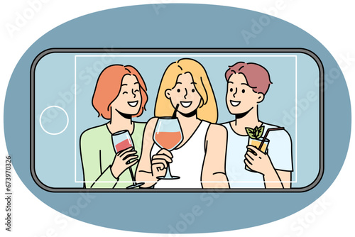 Happy diverse people drink cocktails make selfie on cellphone. Smiling friends enjoy celebration take self-portrait picture on smartphone. Vector illustration.