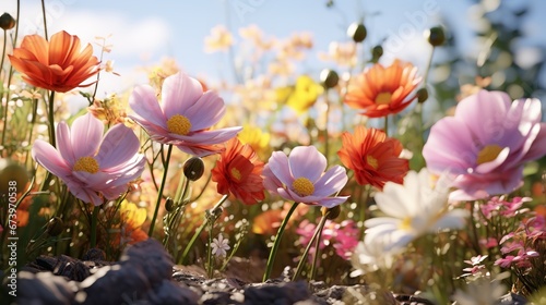 Fields of spring flowers. Generative Ai. © MinixT