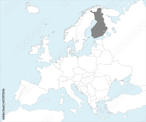 Gray CMYK national map of FINLAND inside detailed white blank political map of European continent on blue background using Mollweide projection