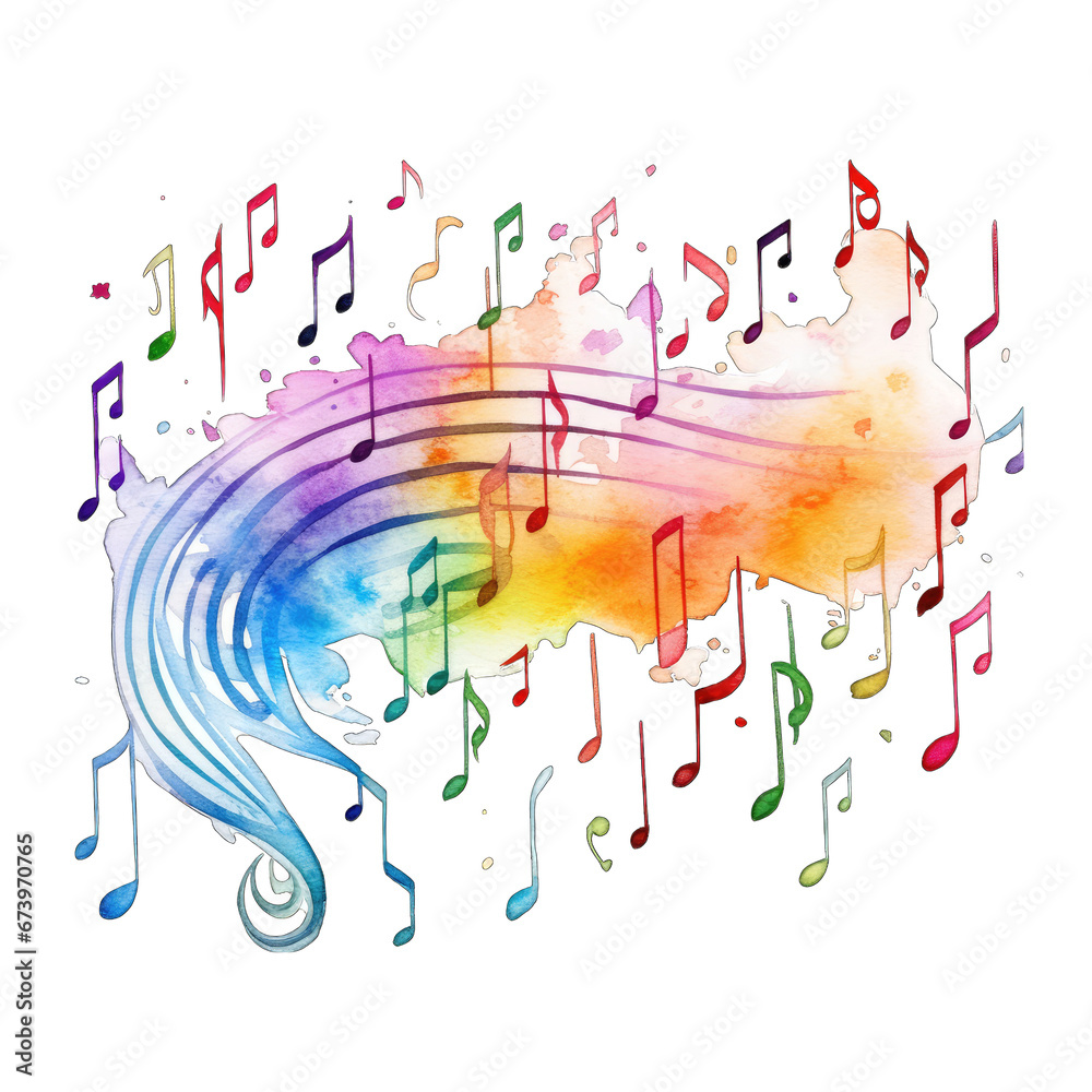 Obraz premium Abstract Music notes, rainbow colors in a watercolor paint splash, isolated on transparent background. 