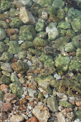 clear sea water flowing ober green stones on the Mediterranean coast relaxing water background
