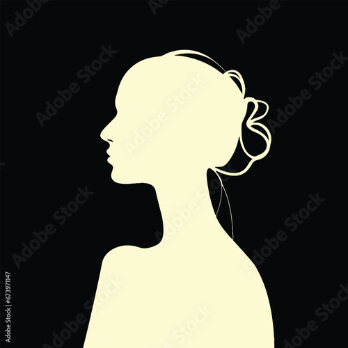 A woman's profile in silhouette against a black background with a white outline of her head and shoulders